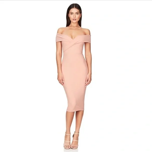 NOOKIE: Athena Off Shoulder Light Pink Midi Dress (NWT) - Picture 1 of 8